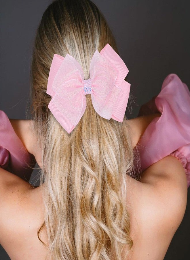 Zolyco Glitter 4.5-Inch Hair Bows Organza Alligator Clips, Sequin Delicate Double Silver Thread Woven Mesh Hair Accessories for Girls, Toddler, Kids and Women Birthday Wedding - Set of 2 (Light Pink) - Image 2